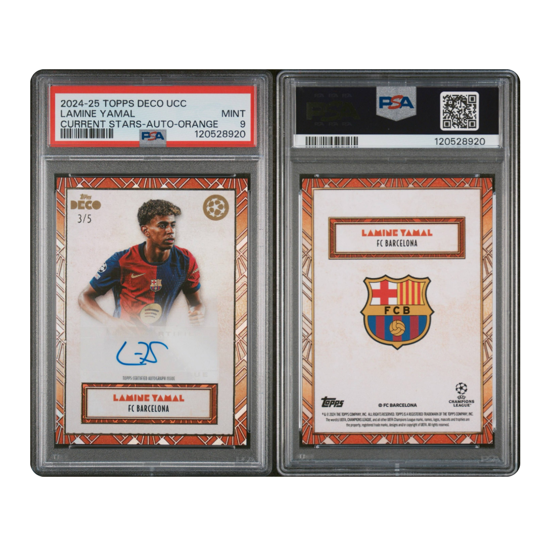 TOPPS DECO UEFA CLUB COMPETITIONS LAMINE YAMAL CURRENT STARS AUTO ORANGE /5 PSA 9