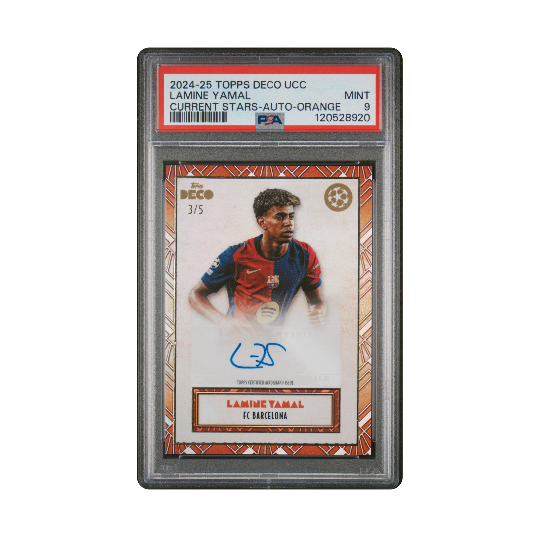 TOPPS DECO UEFA CLUB COMPETITIONS LAMINE YAMAL CURRENT STARS AUTO ORANGE /5 PSA 9